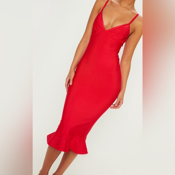 Pretty Little Thing Red Bandage Strappy Frill Hem Midi Dress - Picture 3 of 5